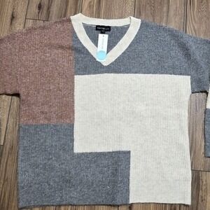 FORTUNE + IVY New Stitch Fix Deserae Colorblock V Neck Sweater Dark Grey  L